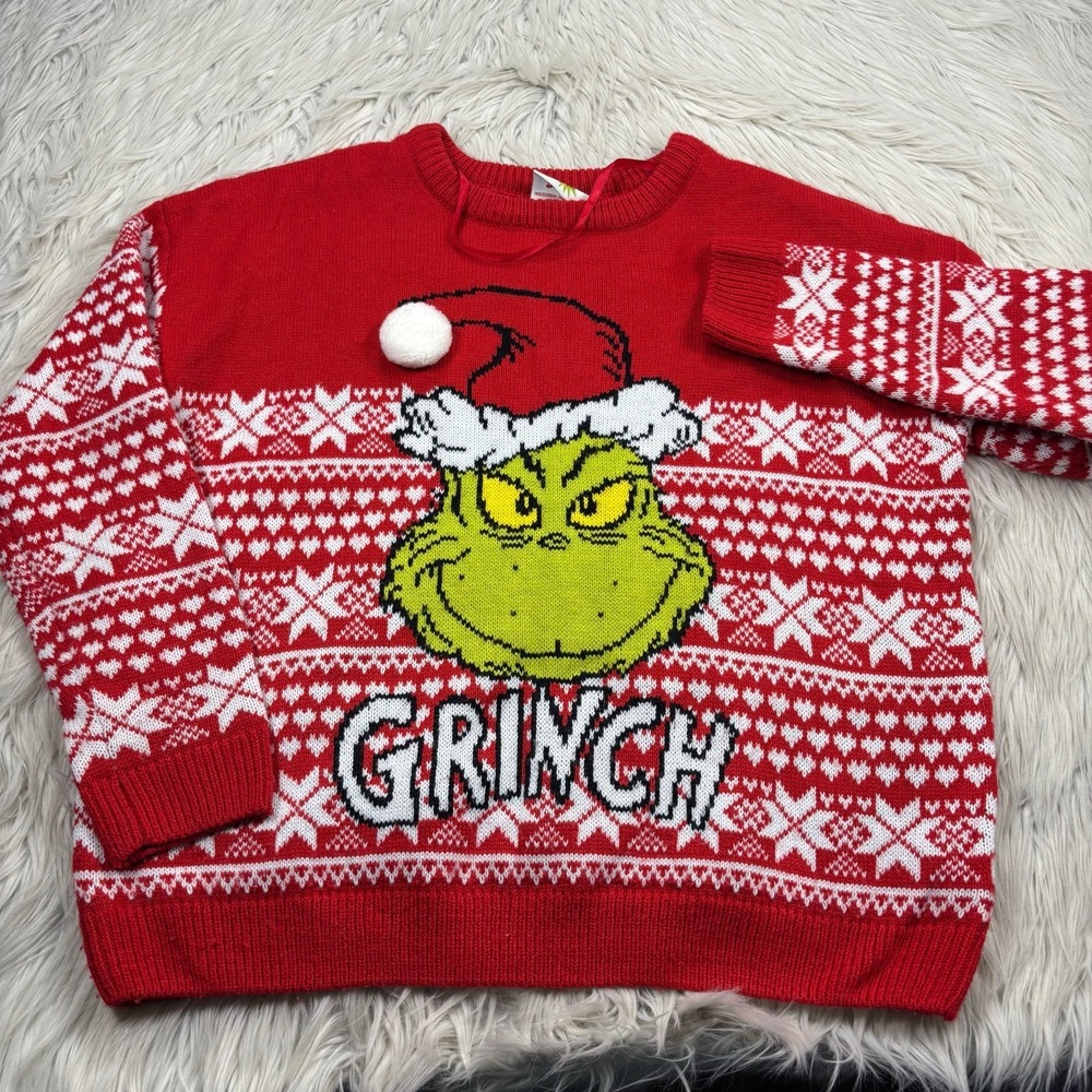 Primark Women's M Red Fair Isle The Grinch Christmas Sweater Pom Pom Novelty - Picture 1 of 6